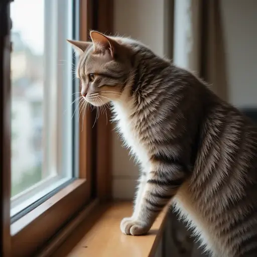 A curious tabby cat gazes out a window, perched on a wooden sill, with soft sunlight illuminating its fur.