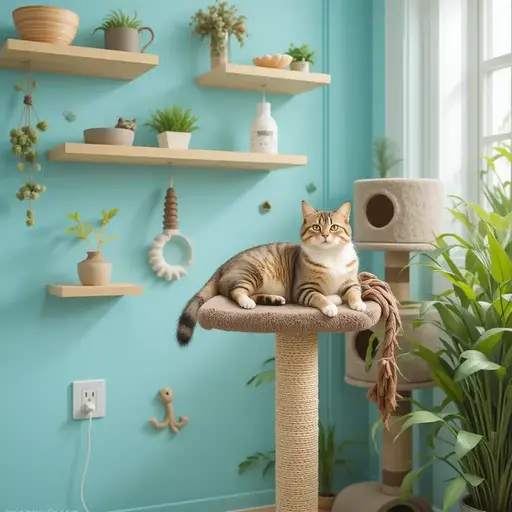 A relaxed cat sits atop a cozy scratching post in a bright room adorned with plants and shelves, against a teal wall.
