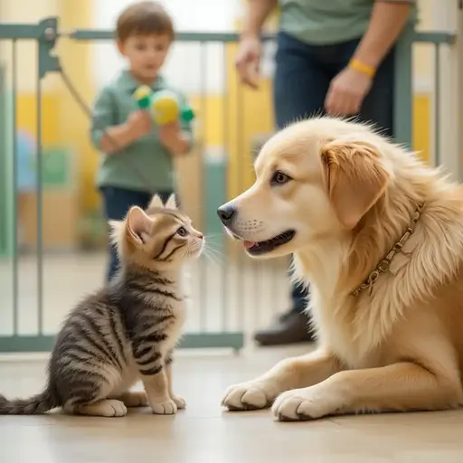 Kitten safely meeting a dog and child in a prepared home.