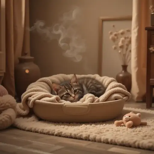 Shy kitten in a cozy, prepared safe space at home.