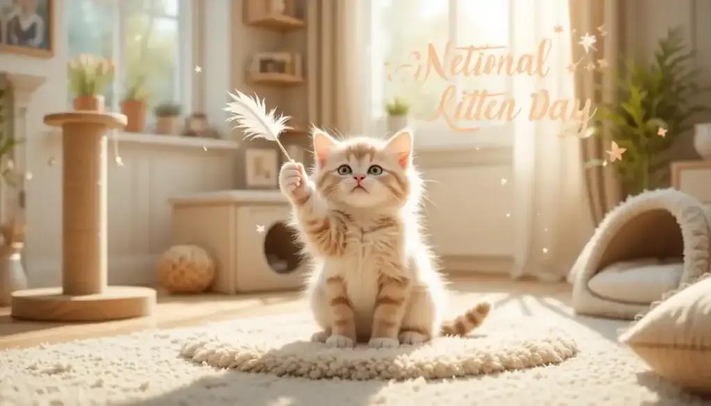 Cozy kitten in a prepared home for National Kitten Day.