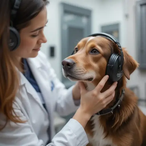 Veterinary behaviorist demonstrating acoustic dampening gear for noise-sensitive dogs.