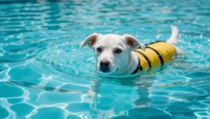 Dog swimming in water with safety life jacket