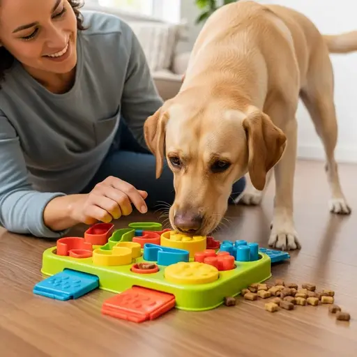 A golden retriever solves a colorful puzzle toy on the floor, while a person assists with treats scattered nearby.