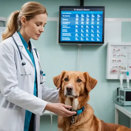 A veterinarian in a clinic examines a golden retriever while a digital screen displays information about veterinary conditions.