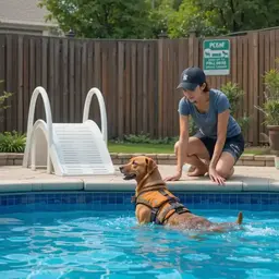 Dog owner supervising pet swimming in pool with safety gear like fence and ramp visible.