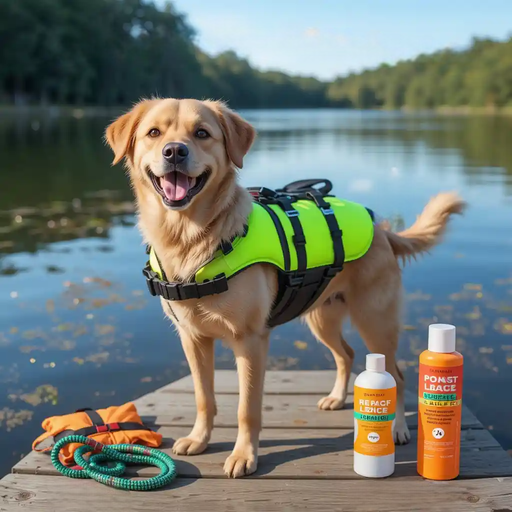 Dog wearing a life jacket on a lakeside dock with essential water safety equipment for pets.