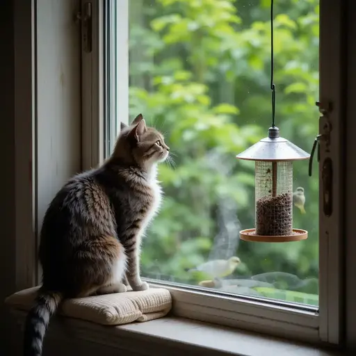 7-Day Plan to Transition An Outdoor Cat to Indoor Life 2 Cat enjoying bird-watching from secure indoor window perch.