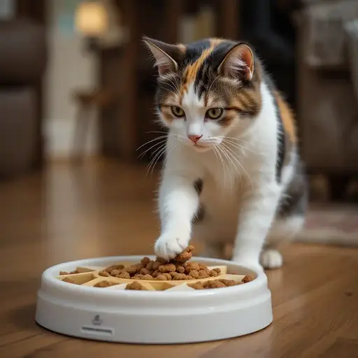7-Day Plan to Transition An Outdoor Cat to Indoor Life 3 Cat engaging with puzzle feeder to mimic hunting indoors.