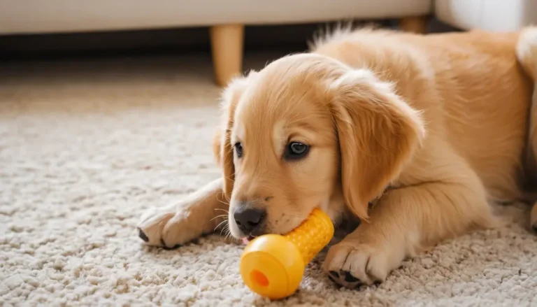 learning gentle Puppy mouthing control during playtime with a chew toy close by