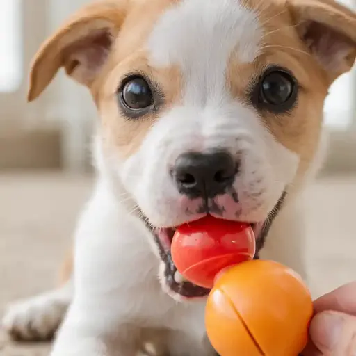 Puppy practicing mouthing control by chewing on an appropriate rubber toy instead of hands.