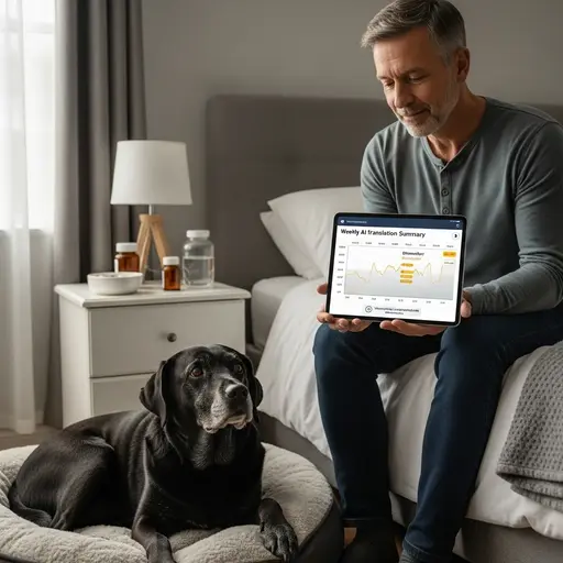 AI pet translator detecting early health issues in senior dog for AI pet translator benefits