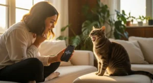 Woman using smartphone AI pet translator to understand her cat's meow for AI pet translator benefits