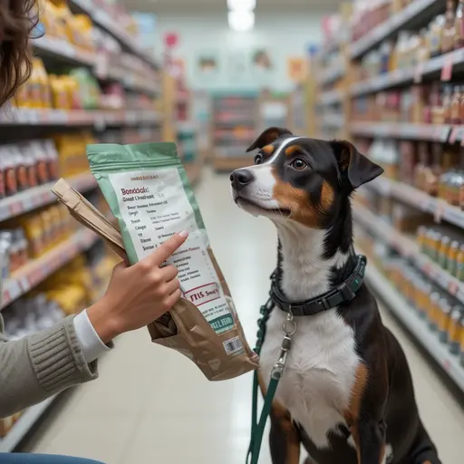 Best Dog Food for Allergies: Expert-Recommended Choices 1 Pet owner carefully reading dog food ingredient label with attentive dog for Choosing Hypoallergenic Dog Food