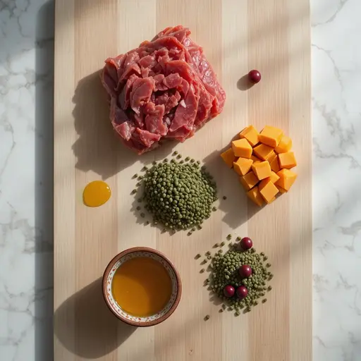 Best Dog Food for Allergies: Expert-Recommended Choices 2 Five separated fresh ingredients representing limited ingredient diet for Limited Ingredient Dog Food for Allergies