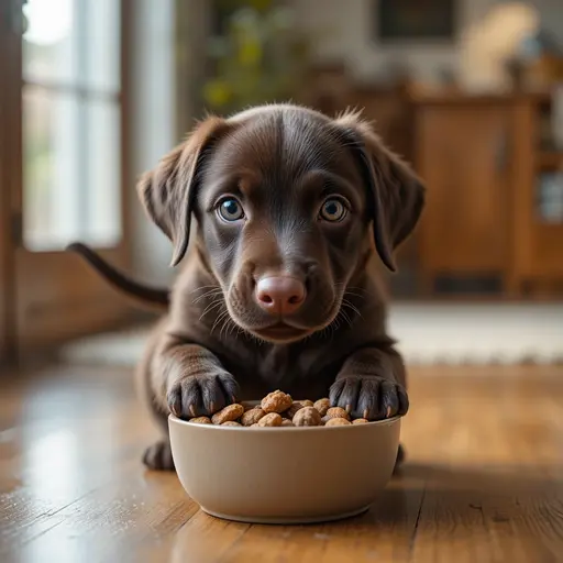 Best Dog Food for Each Life Stage: Complete Guide 1 Chocolate Labrador puppy eating nutrient-dense kibble for best puppy food for growth and development