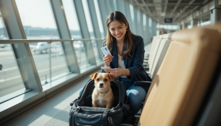 A small dog in an airline-approved carrier under an airplane seat, demonstrating key pet cabin travel airline rules.