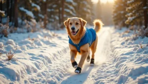 Golden Retriever running in winter gear with booties and jacket for pet winter exercise adaptations