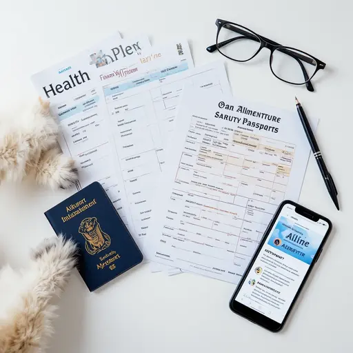 A flat lay of travel documents, including a passport, health forms, and a smartphone displaying an app, with a cat's paw in the corner.