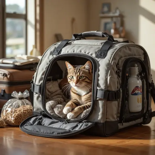 A relaxed tabby cat sits inside a gray pet carrier, surrounded by travel bags and a bag of cat treats in a cozy room.