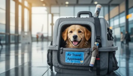 Airline Pet Travel Requirements: A Simple Guide A dog in an airline-approved travel crate at an airport terminal, illustrating key airline pet travel requirements.