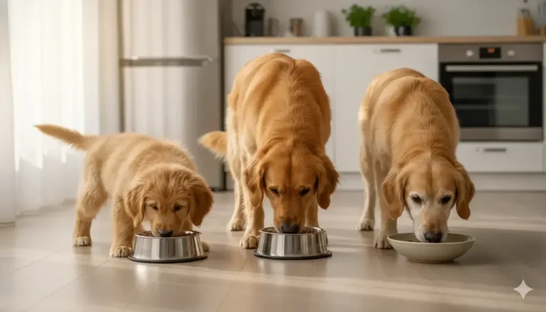 Three Golden Retrievers at different life stages eating age-appropriate food in a sunlit kitchen for best dog food for each life stage