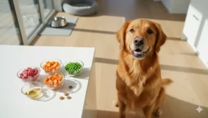 Golden Retriever with clear skin and glossy coat sitting in bright kitchen with fresh allergy-friendly ingredients for Best Dog Food for Allergies