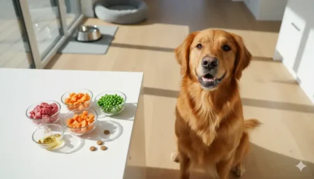 Best Dog Food for Allergies: Expert-Recommended Choices Golden Retriever with clear skin and glossy coat sitting in bright kitchen with fresh allergy-friendly ingredients for Best Dog Food for Allergies