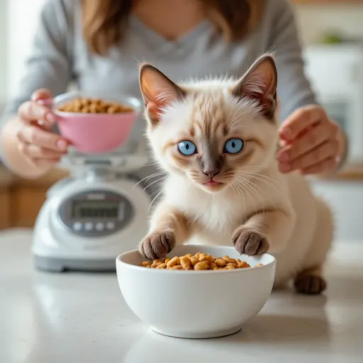 Cat Nutrition by Life Stages: Expert Guide 1 Woman measuring kitten food on digital scale while Siamese kitten eats for kitten nutrition guide