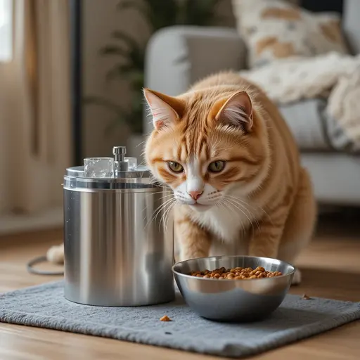 Cat Nutrition by Life Stages: Expert Guide 2 Senior orange tabby cat drinking from water fountain with wet food bowl for senior cat hydration needs