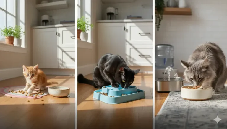 Split-scene composition of three cats at different life stages eating age-appropriate food in a bright kitchen for cat nutrition by life stages