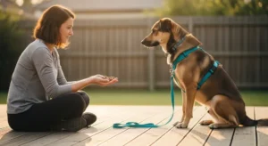 Woman practicing positive reinforcement training with her rescue dog for dog aggression issues