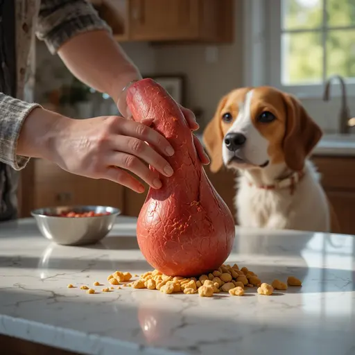 Hands stuffing a Kong toy with treats and a sweet potato on a kitchen counter for DIY dog enrichment toys