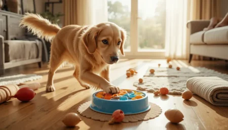 Golden retriever engaging with puzzle feeder toys on a sunny living room floor for dog enrichment toys