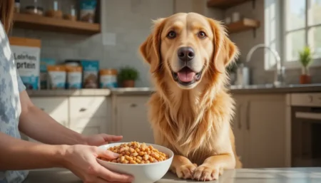 Dog Food Allergy Solutions: Your Complete Guide Golden retriever with healed skin from food allergies showing dog food allergy solutions in bright kitchen