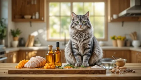 Silver tabby Maine Coon cat with fresh ingredients representing essential nutrients for cats