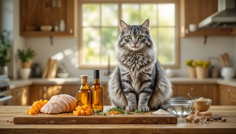 Silver tabby Maine Coon cat with fresh ingredients representing essential nutrients for cats