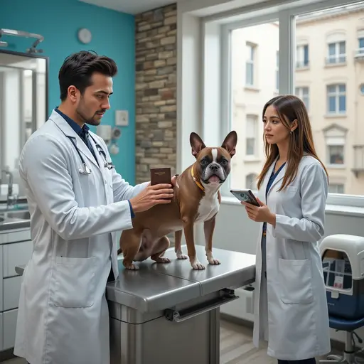 Veterinarian examining French Bulldog in European clinic demonstrating emergency veterinary coverage for pet travel insurance benefits