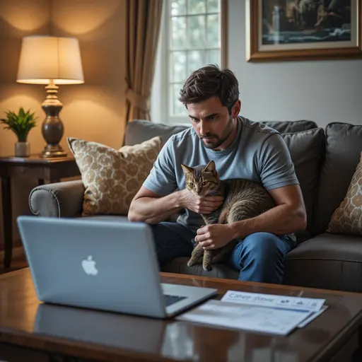 Owner with sick cat at home showing canceled travel plans for pet travel insurance trip cancellation benefits