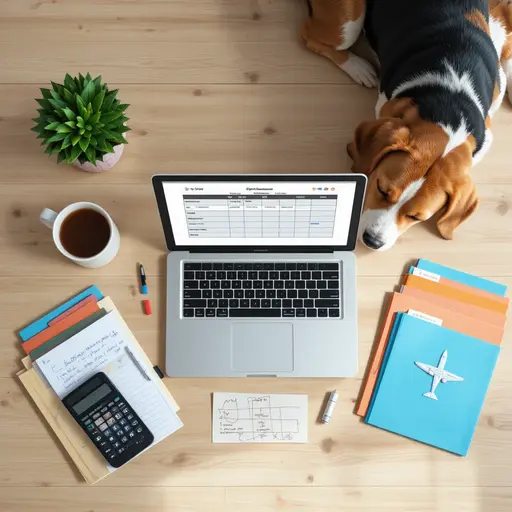 Organized pet travel insurance comparison research on desk with Beagle for choosing pet travel insurance benefits