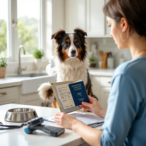 Owner preparing pet passport and health documents with Border Collie for pet travel insurance documentation benefits