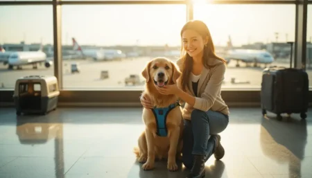 Essential Pet Travel Insurance Benefits Guide Woman with Golden Retriever at airport departure gate showing pet travel insurance benefits peace of mind for Pet Travel Insurance Benefits