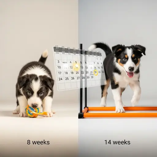 Border collie puppy development timeline showing critical socialization window for puppy socialization steps