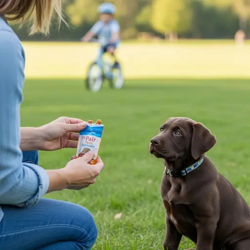 Owner using treat pairing technique for puppy socialization steps training method