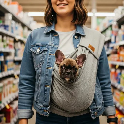  French bulldog puppy safely carried in sling for pre-vaccination puppy socialization steps