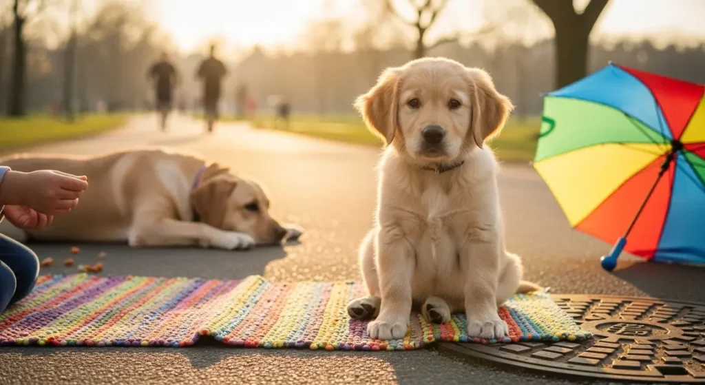 Golden retriever puppy confidently exploring park socialization elements for puppy socialization steps guide