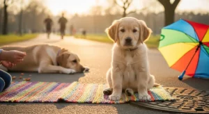 Golden retriever puppy confidently exploring park socialization elements for puppy socialization steps guide
