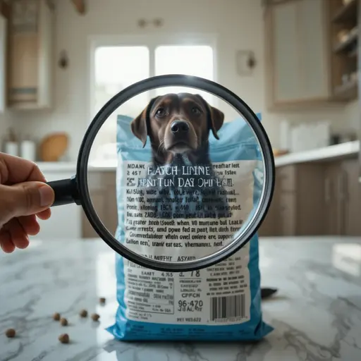 A person using a magnifying glass to check a pet food ingredient label for spotting unsafe pet food ingredients