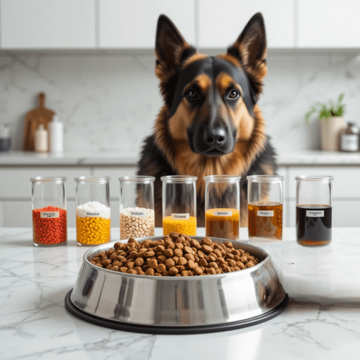 Laboratory beakers showing unsafe pet food preservatives and additives next to a dog bowl for artificial preservatives in pet food