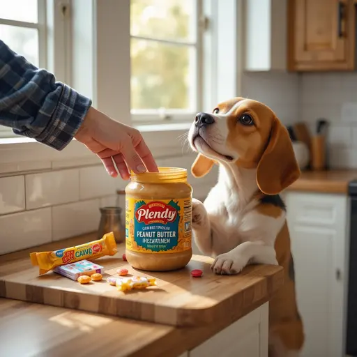 Dog reaching for xylitol xylitol-containing peanut butter jar for dangerous sweeteners in pet food